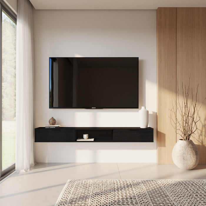 Meuble pour téléviseur mural mince Nordika de 72 po avec 2 armoires de rangement - noir