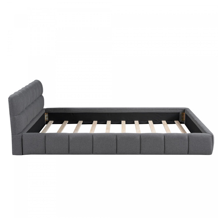 Lit plateforme rembourre Jessica avec tissu en lin confortable et cadre robuste, taille Queen, gris