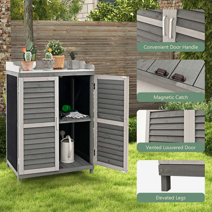 Etabli D’exterieur Avec Dessus Spacieux Galvanise Et Etagere A 2 Niveaux, Abri De Jardin Avec Porte Laterale Enroulable Et Pieds Sureleves, Pour Stocker Pelles, Arrosoirs Et Ciseaux, Gris