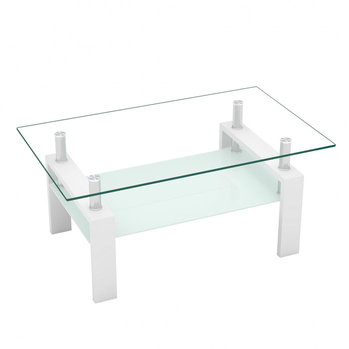 Table basse moderne rectangulaire en verre trempe transparent Liam, avec pieds blancs