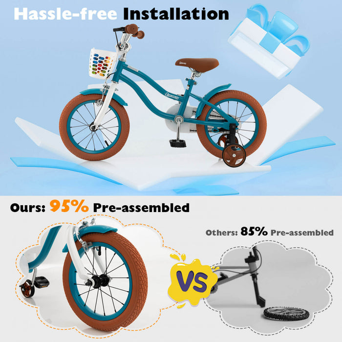Velo Costway 12\" Pour Enfants Avec Roues D'entrainement Amovibles Et Panier Pour 3-4 Ans Turquoise