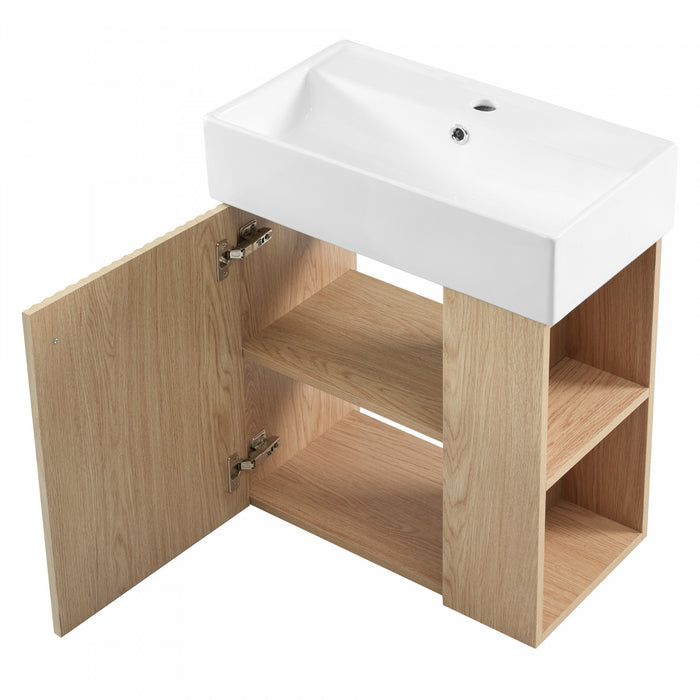 Camille Meuble de salle de bain flottant avec vasque en ceramique et rangement cote droit, Naturel