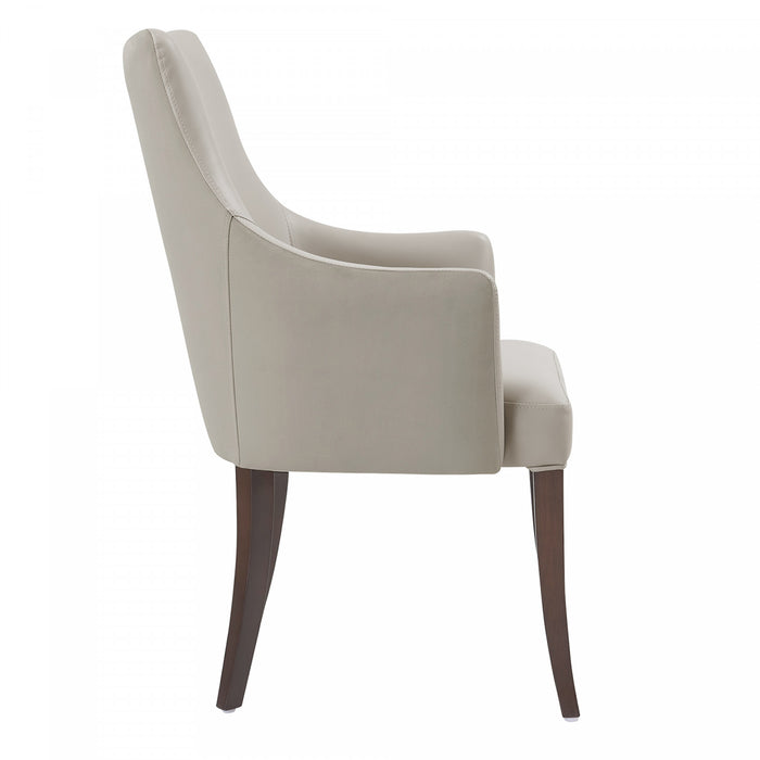 Fauteuil moderne Connie en bois, cuir vegetalien et velours, gris clair
