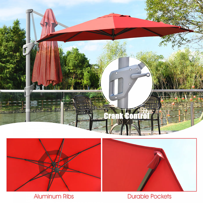 Costway Parasol deporte 11ft pour terrasse a rotation cantilever, aluminium, inclinable, base croisee, vin