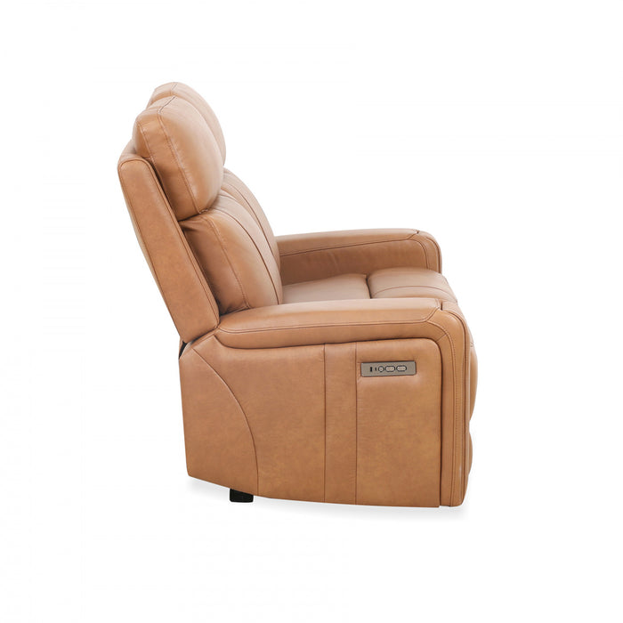 Causeuse inclinable electrique Bellamy de 58 po en cuir assorti avec appuie-tete ajustable et USB - Cognac