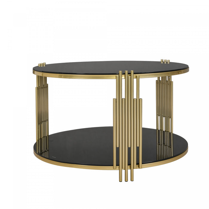 Table Basse Ronde Nancy De 31,5\" Avec Plateau Miroir Et Etagere Inferieure, Noire
