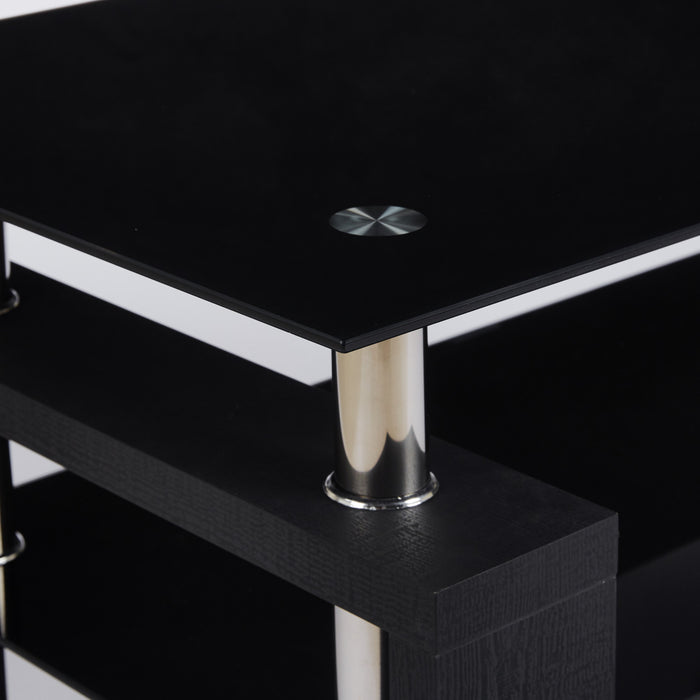 Table basse moderne Lucius au design geometrique en verre trempe avec cadre en metal et verre transparent, noir