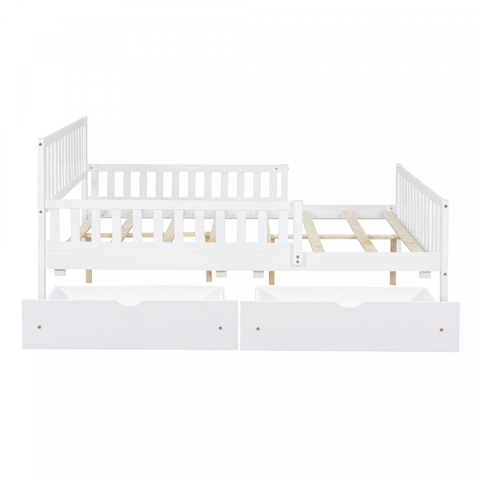 Emma – Lit Plateforme en Bois avec Barrieres de Protection et Tiroirs de Rangement, Format Double - Blanc