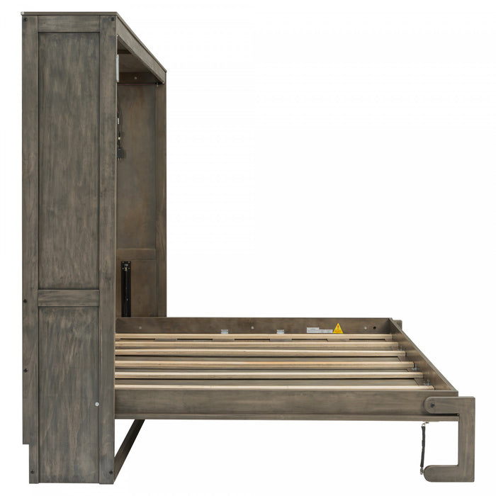 Lit escamotable Olivia en bois massif avec lumiere LED et armoire pliante, taille full, marron