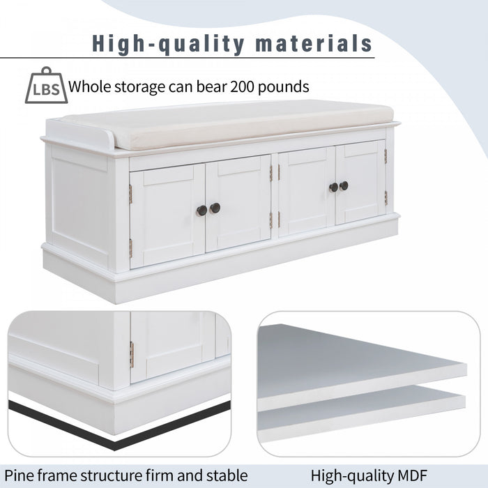 Daniel Banc De Rangement En Bois Massif Avec Armoire A Chaussures A 4 Portes Et Etageres Reglables, Blanc