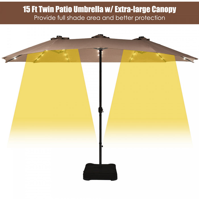 Costway Parasol de marche double-face solaire LED 15Ft Patio avec manivelle pied Taupe