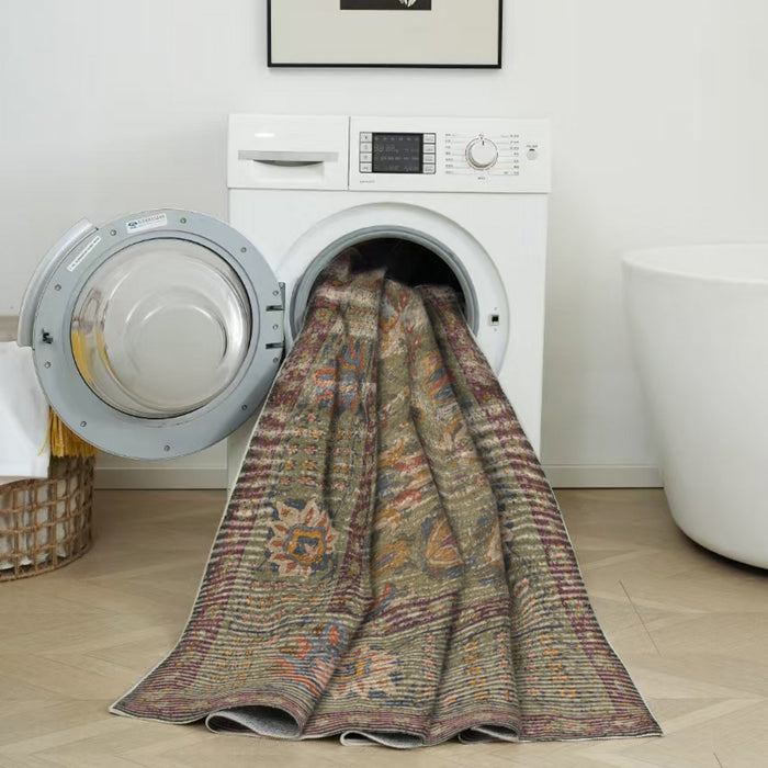 Tapis Brun Floral Lavable Antiderapant A Poils Ras 5'x7'