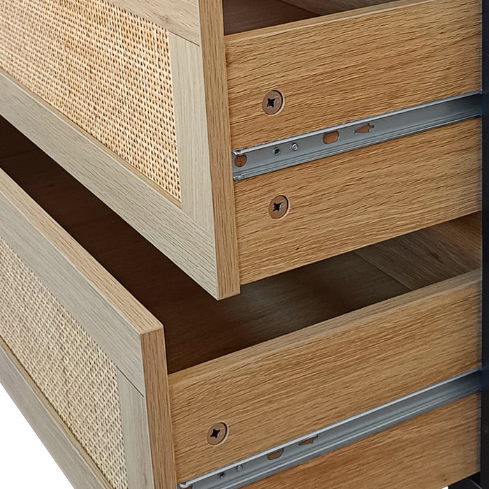 Meuble de rangement moderne Mila a 6 tiroirs en rotin avec structure en bois manufacture, couleur naturelle, 130 cm