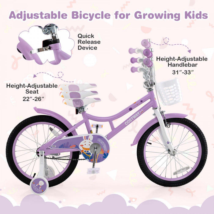 Costway 18\" Velo Fille Avec Panier Roues D'entrainement Amovibles Frein A Main De Siege Reglable Frein De Montagne Violet