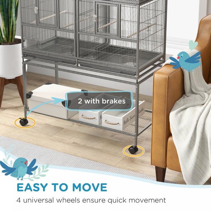 Pawhut Grande Cage A Oiseaux En Metal A Double Roulement Avec Plateau En Metal Amovible, Etagere De Rangement, Perchoir En Bois, Recipient Alimentaire, Gris