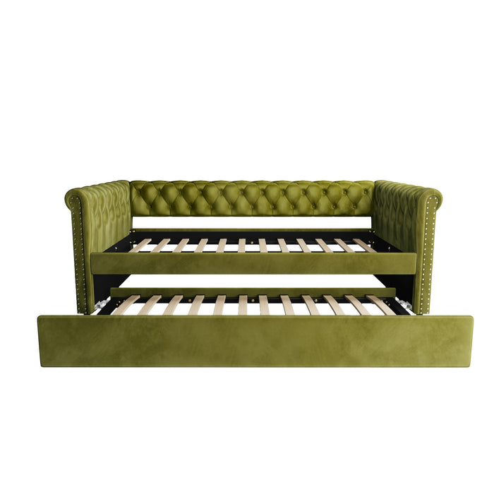 La Sophia Daybed avec design capitonne, revetement en tissu, lit d'appoint avec trundle et dossier confortable, couleur verte