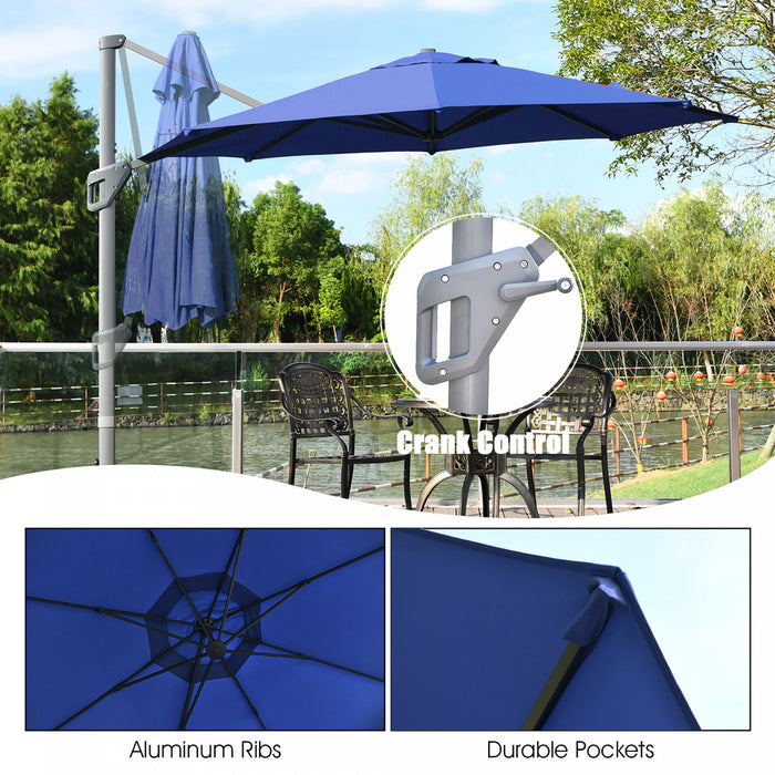 Costway Parasol deporte 11ft pour terrasse a rotation cantilever, aluminium, inclinable, base croisee, bleu marine