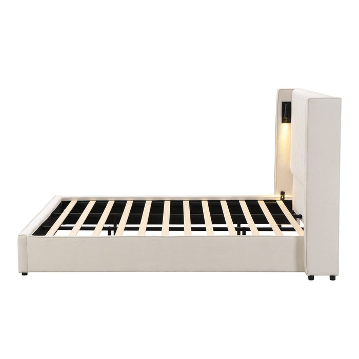Lit Olivia Rembourre avec Tete de Lit Ailes et Ports USB, Taille King - Beige