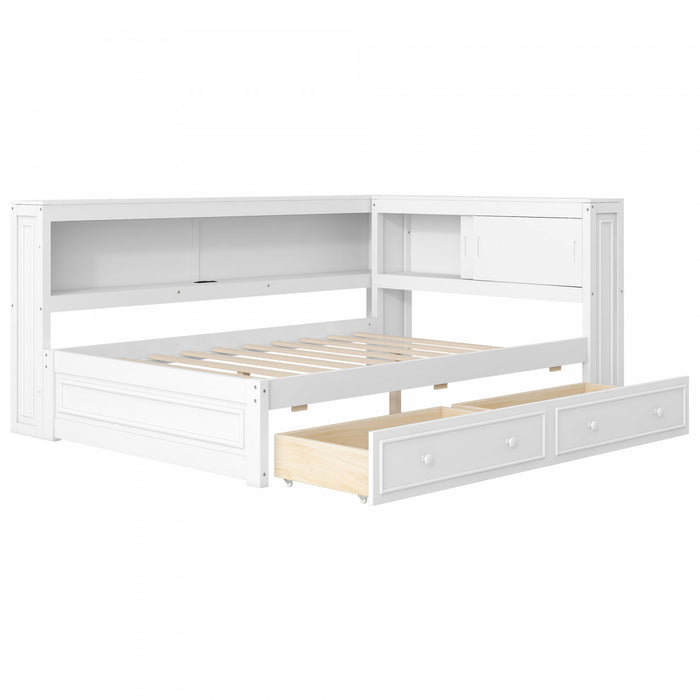 Lit de jour Arthur en bois format Full avec LED, port USB et 2 tiroirs de rangement, blanc