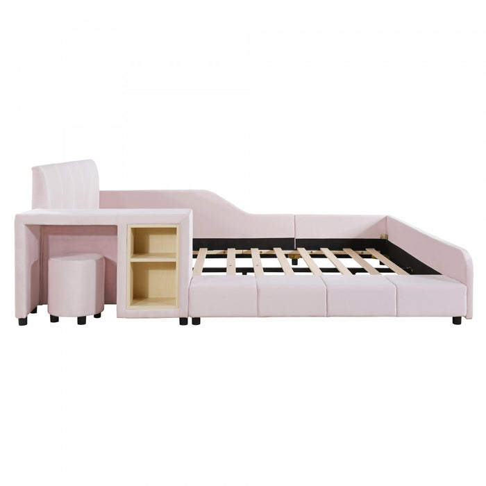 Lit Lily en velours rembourre avec bureau et tabouret, taille Full, rose