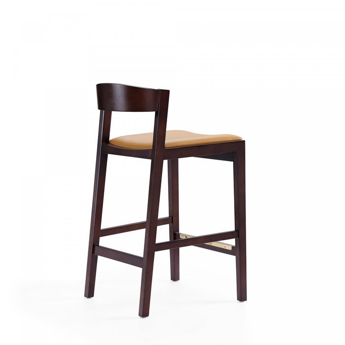 Tabouret de comptoir en bois rembourre style Klismos mi-siecle moderne couleur camel - Lot de 2