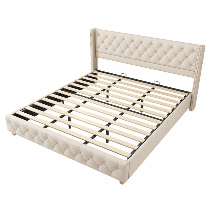 Lit plateforme en lin Haley avec tete de lit a ailes classiques et capitonnage en diamant, taille King, beige