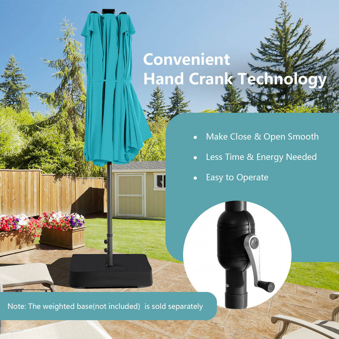 Costway Parasol double face jumeau de patio de 15 pieds avec 48 lumieres LED solaires et manivelle turquoise