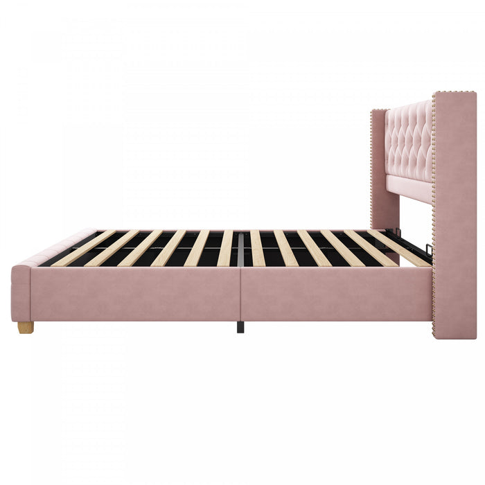 Lit plateforme en lin Haley avec tete de lit a ailes classiques et capitonnage en diamant, taille Full, rose