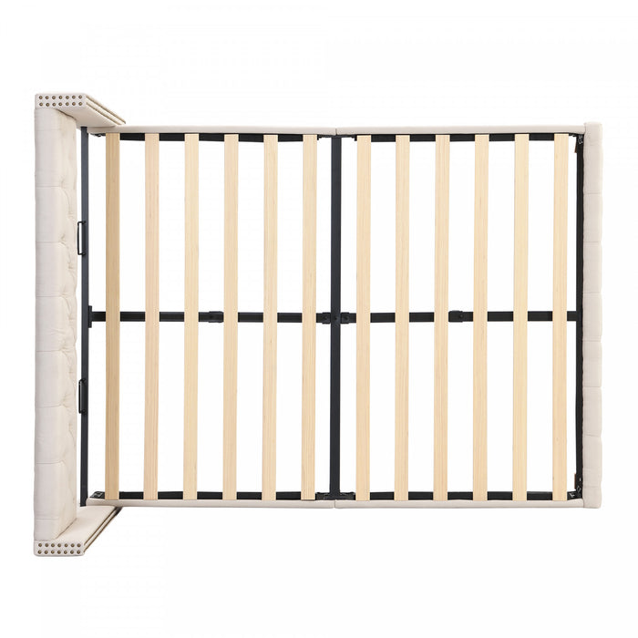 Lit plateforme en lin Haley avec tete de lit a ailes classiques et capitonnage en diamant, taille Full, beige