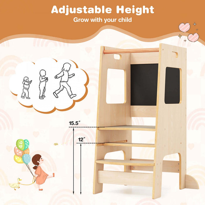 Tabouret D'etape De Cuisine Costway Pour Tout-petit Enfant Avec Tableau A Bois D'activite Reglable En Hauteur Et Rail De Securite Beige