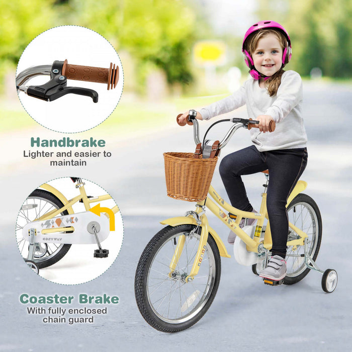 Costway 18\" Velo Enfants Avec Guidon Reglable En Hauteur Siege Panier Cloche Roues D'entrainement Jaune