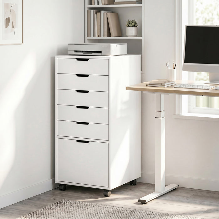 HOMCOM Classeur vertical 5 tiroirs avec roulettes verrouillables, blanc