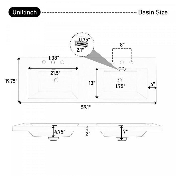 Dune Meuble-Lavabo Double 59 po avec Vasques en Resine et 4 Tiroirs, Blanc