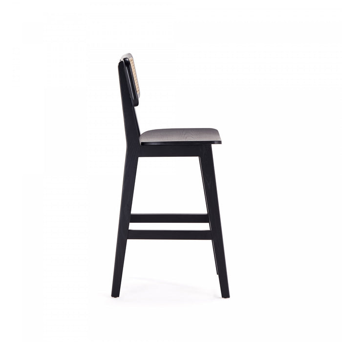 Tabouret de comptoir industriel chic Versailles avec dossier en cannage, bois noir et naturel - Lot de 3