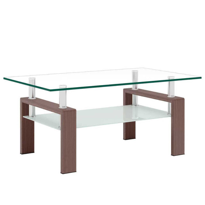 Table basse moderne rectangulaire en verre trempe transparent Liam, finition noyer