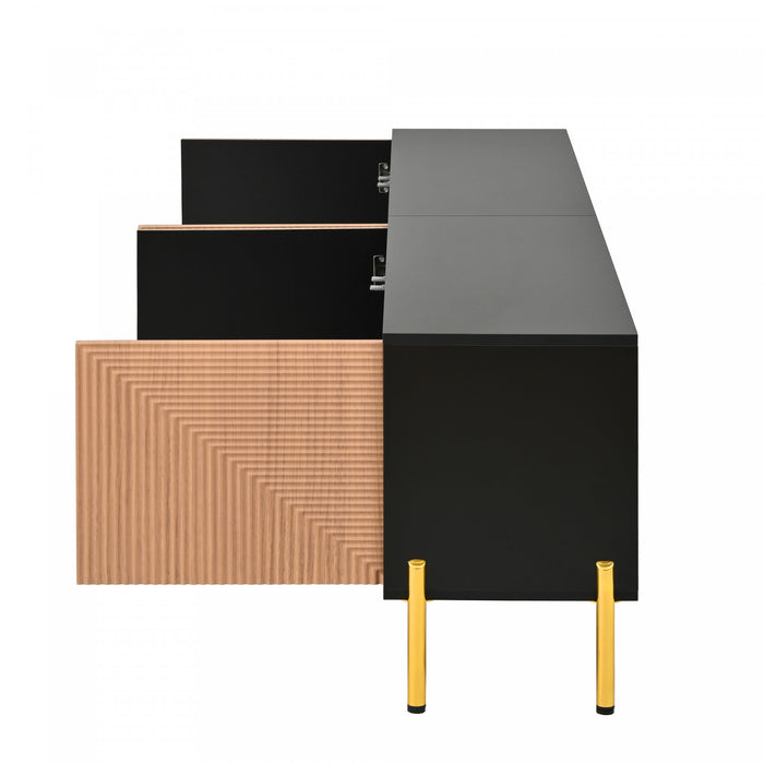 Arcadia Meuble TV Moderne 70.5 po avec Portes Texturees et Pieds Dores, Noir/Bois