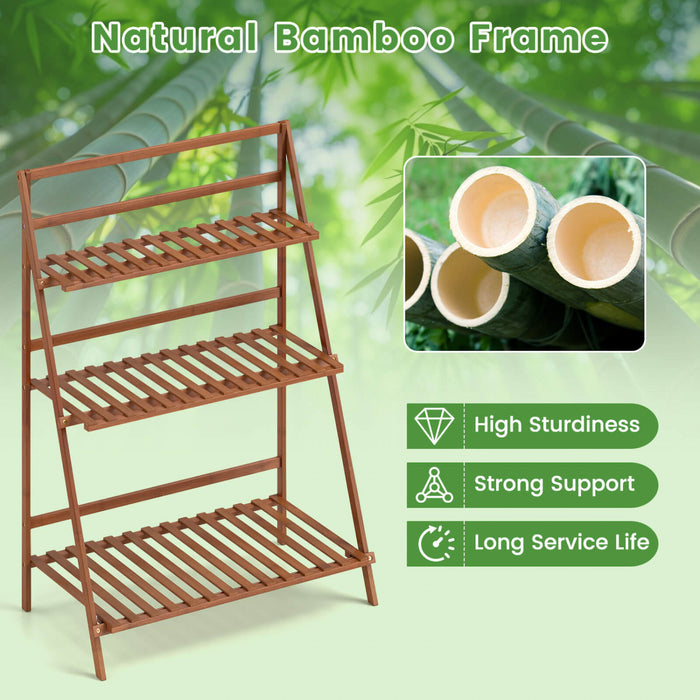 Costway Etagere Pliante A 3 Niveaux Presentoir Pour Pots De Fleurs En Bambou Range-livres / Organisateur