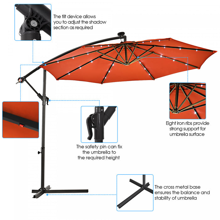 Costway Parasol suspendu solaire LED 10' pour patio, ombre solaire decalee avec base Marche Orange