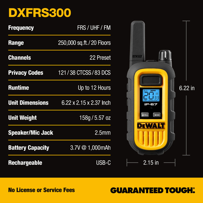 2 talkies de chantier Dewalt DXFRS300 - 1 watt, robuste, longue portée, radios bidirectionnelles intérieures-extérieures + 22 canaux