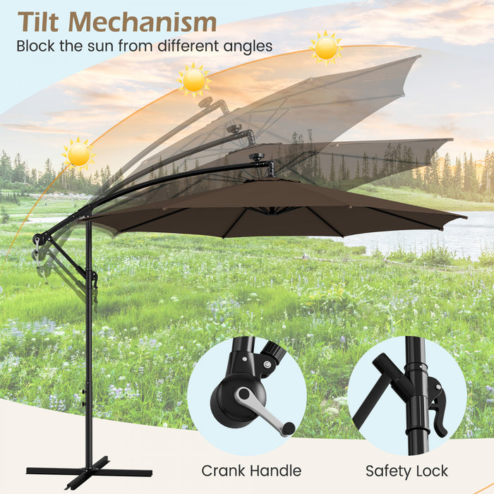Costway Parasol deporte cantilever 10FT 112 LED solaire avec manivelle et inclinaison pour exterieur