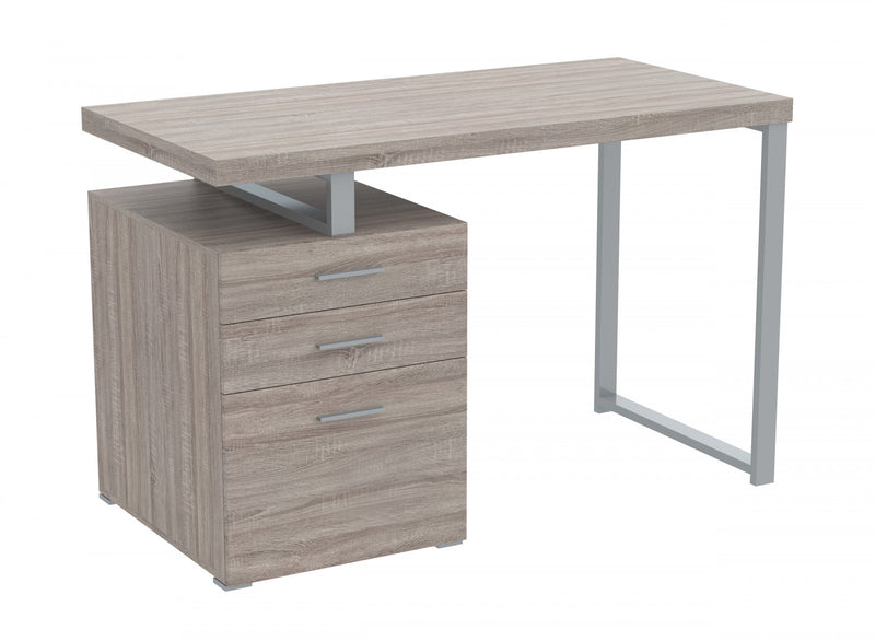 Bureau D’etude 47,25 Po Pour Bureau A Domicile Ou Salle De Jeux – Taupe Fonce Avec 3 Tiroirs Et Base En Metal Argente