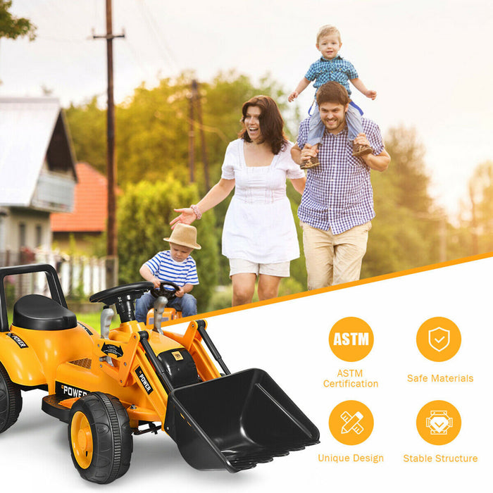 Les Enfants Montent Sur Le Tracteur A Batterie 6v De L'excavatrice W/digging Bucket Jaune