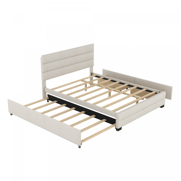 Sophie – Lit Plateforme Rembourre En Tissu Aspect Lin Avec Lit Gigogne Et Tiroirs De Rangement, Format Grand, Beige