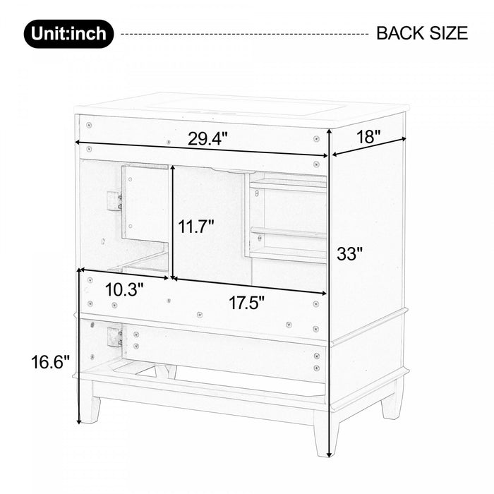 Emma Meuble-lavabo en bois massif de 30\" avec vasque en ceramique et porte a fermeture douce, Blanc