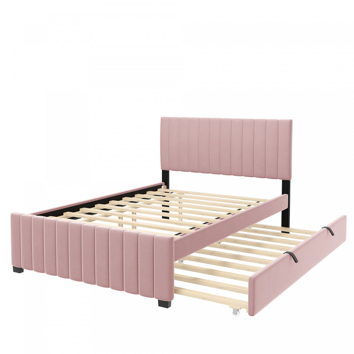 Lit plateforme Ethan rembourre en velours, gain de place, avec tiroir gigogne, taille full, rose