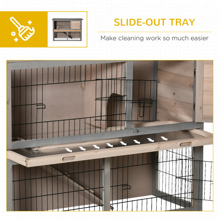 Pawhut Clapier A Lapin A 2 Etages Cage A Lapin Pour Petit Animal Avec Plateau Coulissant, Enclos, Dessus Ouvrable, Rampe, Pour Interieur Exterieur 42.5\" X 18\" X 31\"