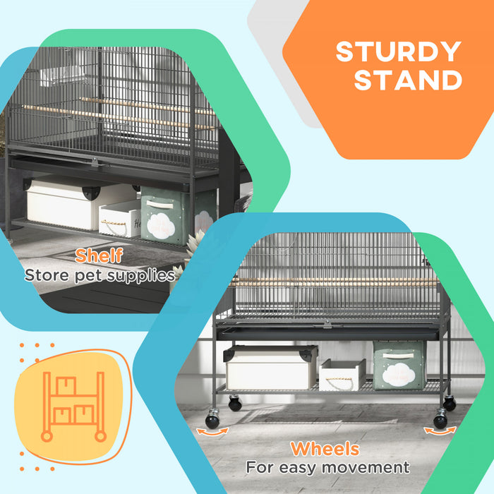 Pawhut Cage A Oiseaux 60\" Avec Support Pour Calopsittes Canaris Inseparables Pinsons, Cage A Perruches Avec Roues, Plateau Amovible, Etagere De Rangement