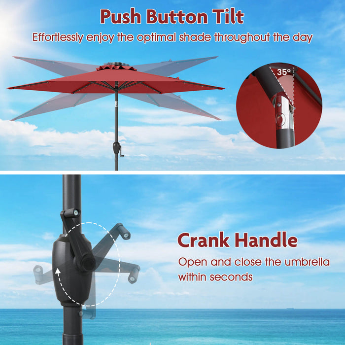 Parasol solaire Costway 7,5 ft avec lumieres LED, inclinaison par bouton-poussoir, manivelle, rouge