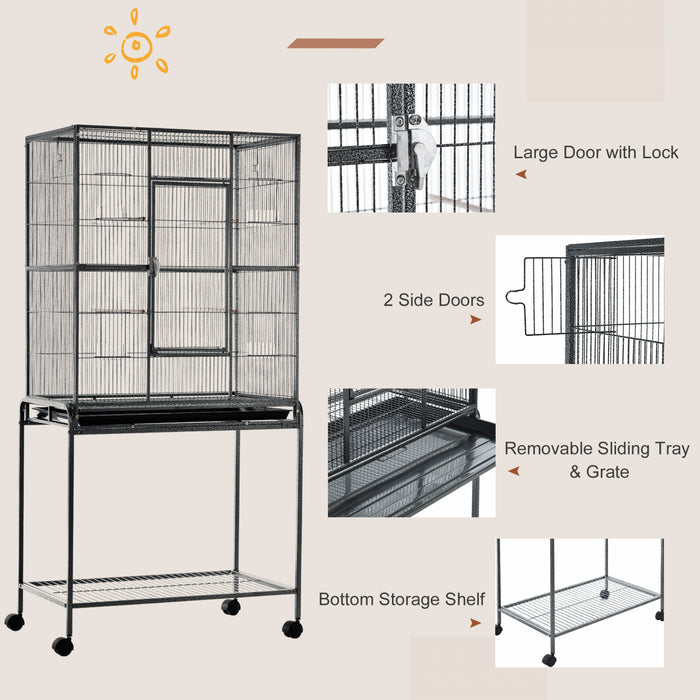 Cage A Oiseaux Portable Avec 4 Mangeoires Et 4 Perchoirs Pratique 81 X 48 X 163 Cm Noir Et Gris