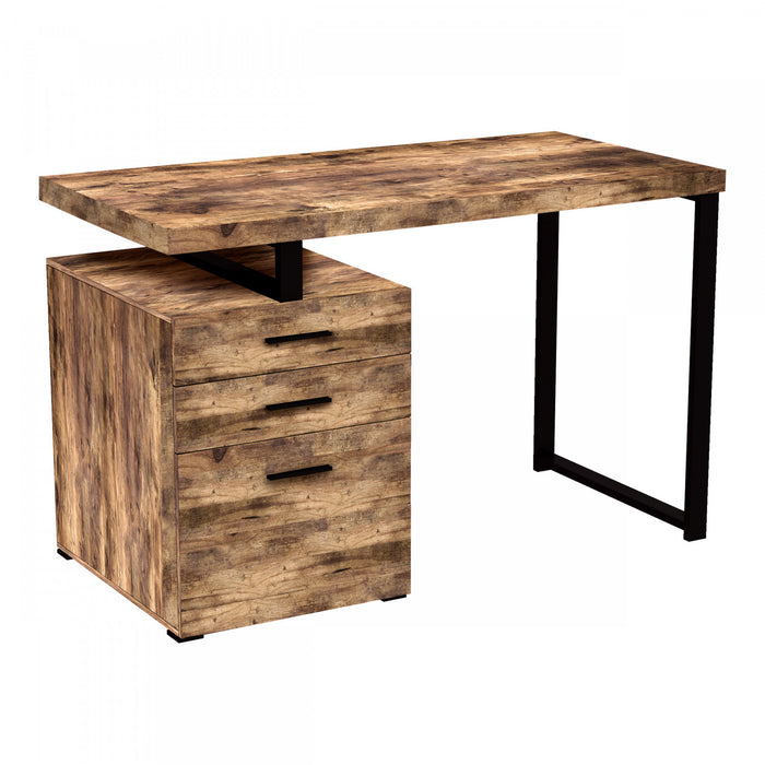 Bureau D’etude 47,25 Po Pour Bureau A Domicile Ou Salle De Jeux – Bois Recycle Brun Avec 3 Tiroirs Et Base En Metal Argente